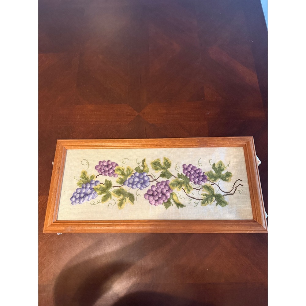 Vintage Handmade Grapevine Cross Stitch Framed Wall Art Purple Blue Grapes